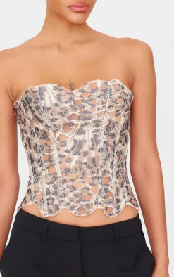 PrettyLittleThing Corsets*Brown Print Textured Sheer Floral Lace Corset