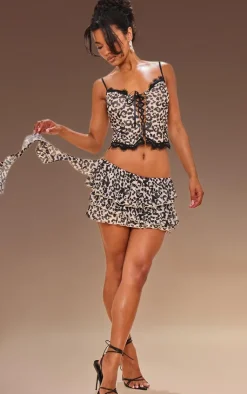 Clearance PrettyLittleThing Leopard Print Tie Up Lace Detail Corset Brown