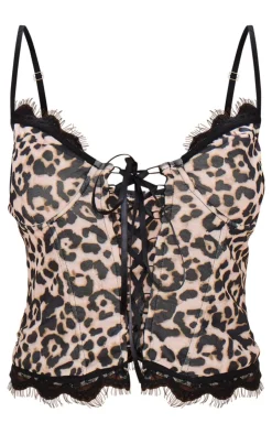 Clearance PrettyLittleThing Leopard Print Tie Up Lace Detail Corset Brown