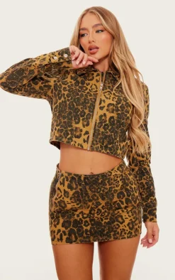 PrettyLittleThing Shirts*Leopard Print Zip Up Long Sleeved Denim Shirt