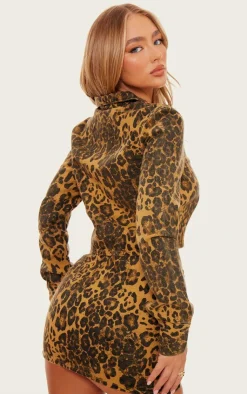 PrettyLittleThing Shirts*Leopard Print Zip Up Long Sleeved Denim Shirt