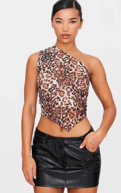 Leopard Printed Lace Asymmetric Longline Top-PrettyLittleThing Sale