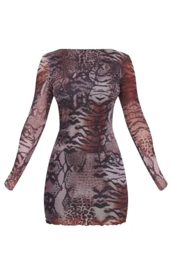 Leopard Printed Long Sleeve Open Back Mini Dress-PrettyLittleThing New