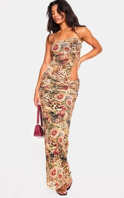 Clearance PrettyLittleThing Leopard Printed Mesh Ruched Maxi Skirt Brown