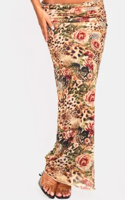 Clearance PrettyLittleThing Leopard Printed Mesh Ruched Maxi Skirt Brown