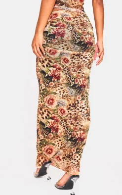 Clearance PrettyLittleThing Leopard Printed Mesh Ruched Maxi Skirt Brown