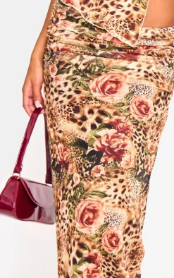 Clearance PrettyLittleThing Leopard Printed Mesh Ruched Maxi Skirt Brown