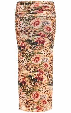 Clearance PrettyLittleThing Leopard Printed Mesh Ruched Maxi Skirt Brown