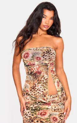 Online PrettyLittleThing Leopard Printed Mesh Side Open Bandeau Brown