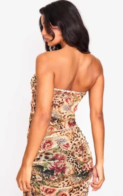 Online PrettyLittleThing Leopard Printed Mesh Side Open Bandeau Brown