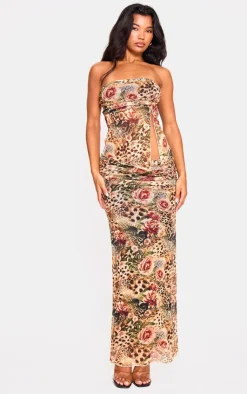 Online PrettyLittleThing Leopard Printed Mesh Side Open Bandeau Brown