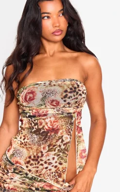 Online PrettyLittleThing Leopard Printed Mesh Side Open Bandeau Brown