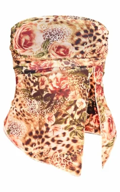 Online PrettyLittleThing Leopard Printed Mesh Side Open Bandeau Brown