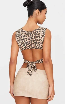 Leopard Printed Slinky Open Back Tie Detail Long Top-PrettyLittleThing