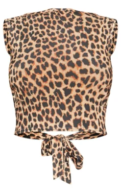 Leopard Printed Slinky Open Back Tie Detail Long Top-PrettyLittleThing