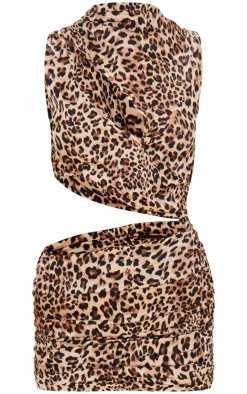 Leopard Satin High Neck Cut Out Mini Dress-PrettyLittleThing Outlet