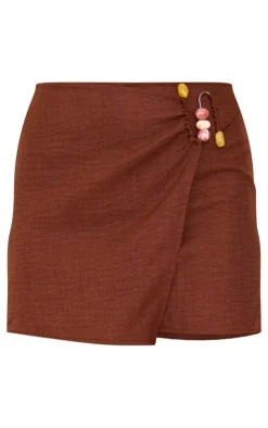 Linen Look Bead Trim Wrap Front Skort-PrettyLittleThing Online