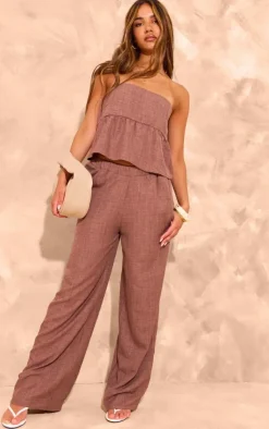 Hot PrettyLittleThing Linen Look Mid Rise Wide Leg Pants Brown