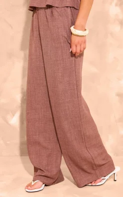 Hot PrettyLittleThing Linen Look Mid Rise Wide Leg Pants Brown