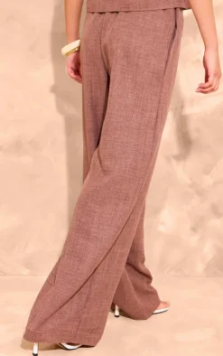Hot PrettyLittleThing Linen Look Mid Rise Wide Leg Pants Brown