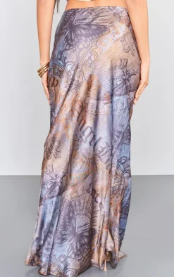 Brown Newspaper Print Satin Basic Maxi Skirt