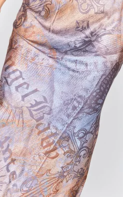 Brown Newspaper Print Satin Basic Maxi Skirt