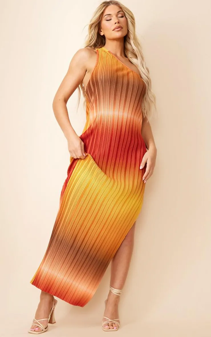 Ombre Plisse One Shoulder Scoop Back Maxi Dress-PrettyLittleThing New