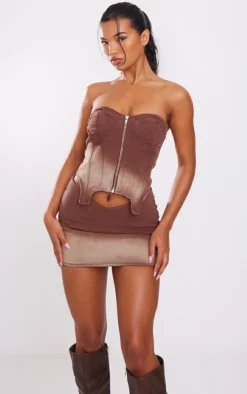 Outlet PrettyLittleThing Ombre Wash Bandeau Zip Denim Corset Brown