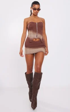 Outlet PrettyLittleThing Ombre Wash Bandeau Zip Denim Corset Brown