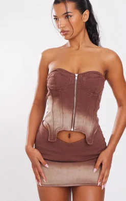 Outlet PrettyLittleThing Ombre Wash Bandeau Zip Denim Corset Brown