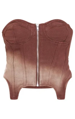 Outlet PrettyLittleThing Ombre Wash Bandeau Zip Denim Corset Brown