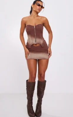 Online PrettyLittleThing Ombre Wash V Waistband Mini Skirt Brown