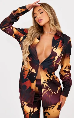 Hot PrettyLittleThing Oversized Floral Ombre Print Shirt Brown