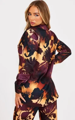 Hot PrettyLittleThing Oversized Floral Ombre Print Shirt Brown