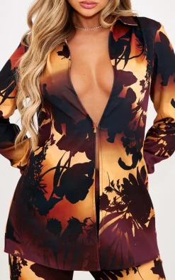 Hot PrettyLittleThing Oversized Floral Ombre Print Shirt Brown