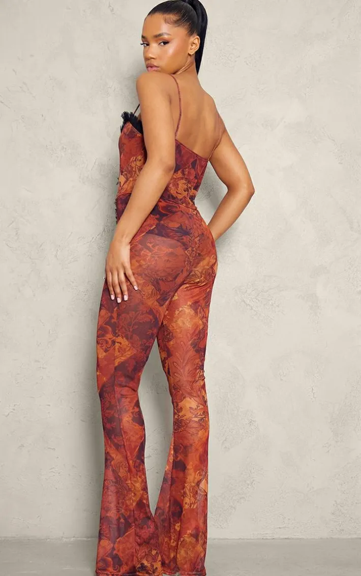Brown Paisley Print Mesh Cut Out Frill Detail Jumpsuit