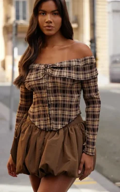 PrettyLittleThing Blouses*Plisse Chiffon Check Bardot Blouse
