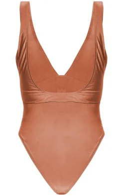 Brown Plunge Rattan Belted High Leg Swimsuit