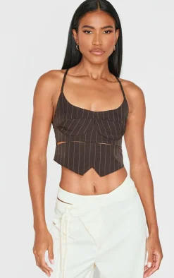 PrettyLittleThing Corsets*Premium Woven Pinstripe Cross Back Cropped Corset