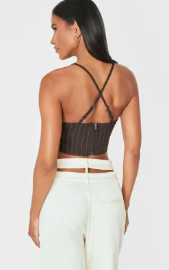 PrettyLittleThing Corsets*Premium Woven Pinstripe Cross Back Cropped Corset