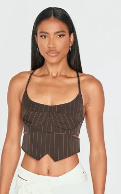 PrettyLittleThing Corsets*Premium Woven Pinstripe Cross Back Cropped Corset