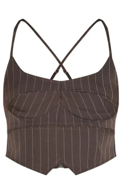 PrettyLittleThing Corsets*Premium Woven Pinstripe Cross Back Cropped Corset
