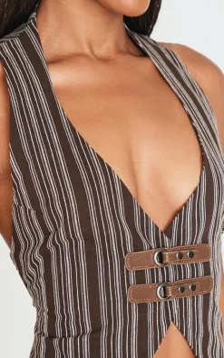 Premium Woven Striped Buckle Plunge Vest-PrettyLittleThing Clearance