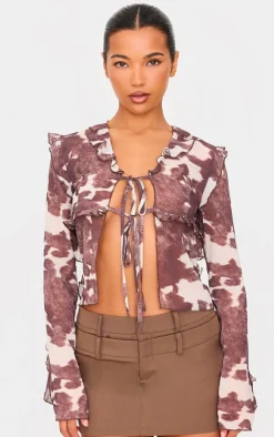 PrettyLittleThing Blouses*Printed Chiffon Ruffle Fitted Tie Front Blouse