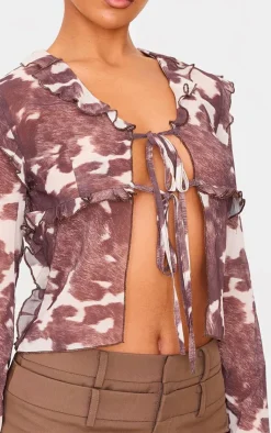 PrettyLittleThing Blouses*Printed Chiffon Ruffle Fitted Tie Front Blouse
