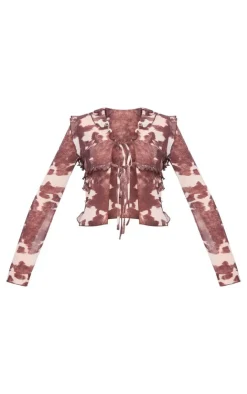 PrettyLittleThing Blouses*Printed Chiffon Ruffle Fitted Tie Front Blouse
