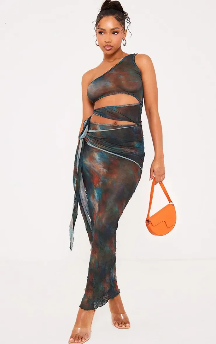 Printed Crinkle Mesh Cut Out Midi Dress-PrettyLittleThing New