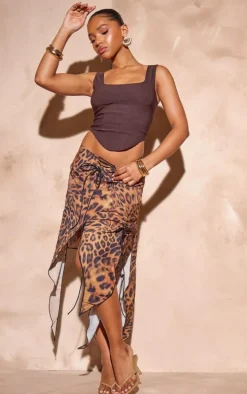 Brown Printed Handkerchief Hem Lace Up Midi Skirt