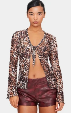 PrettyLittleThing Blouses*Printed Lace Ruffle Detail Tie Front Long Sleeve Top