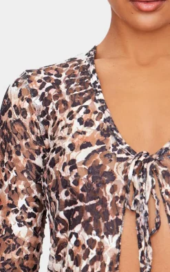 PrettyLittleThing Blouses*Printed Lace Ruffle Detail Tie Front Long Sleeve Top